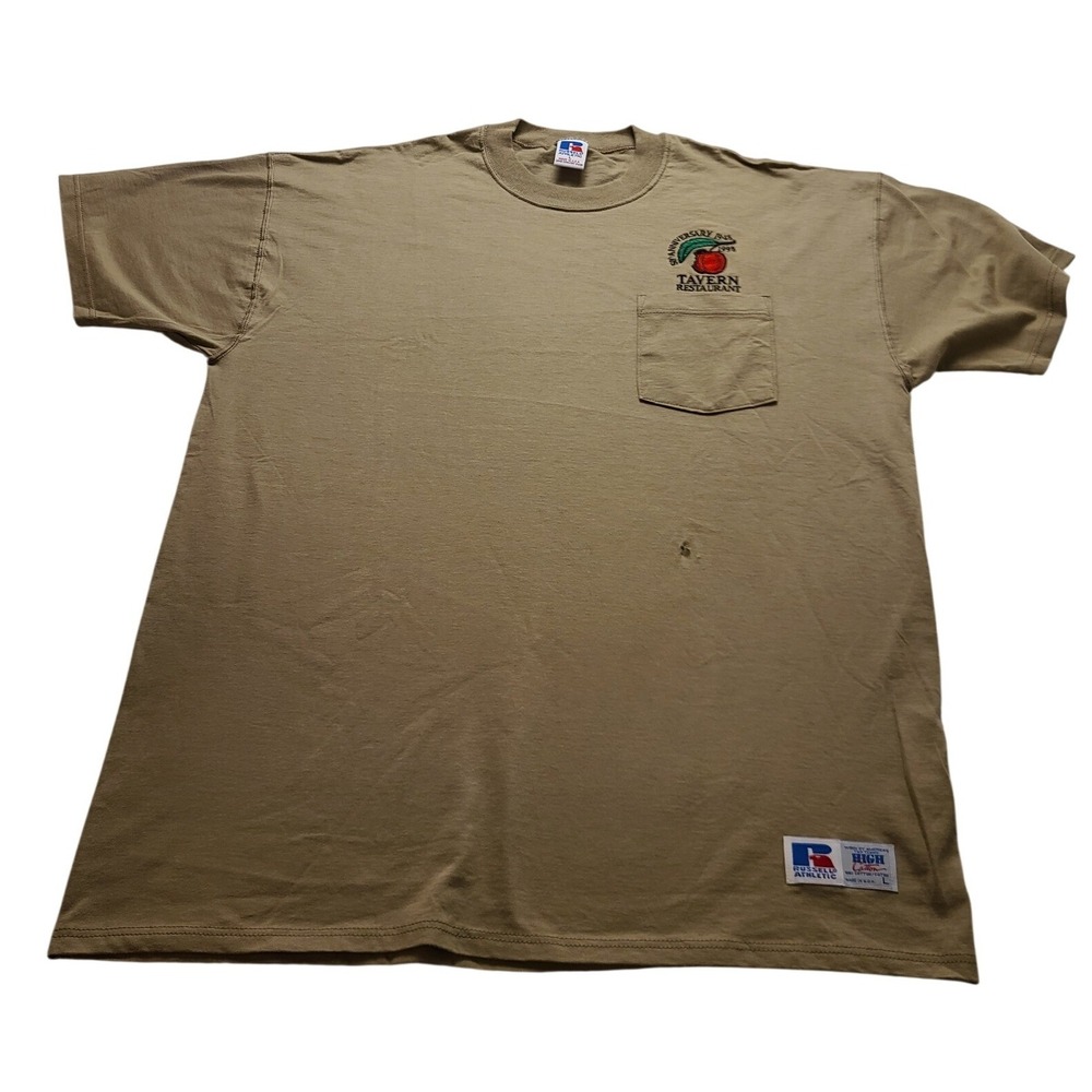 Vintage Russell Athletic High Cotton Pocket Men's T-shirt Tan Tavern Resto L